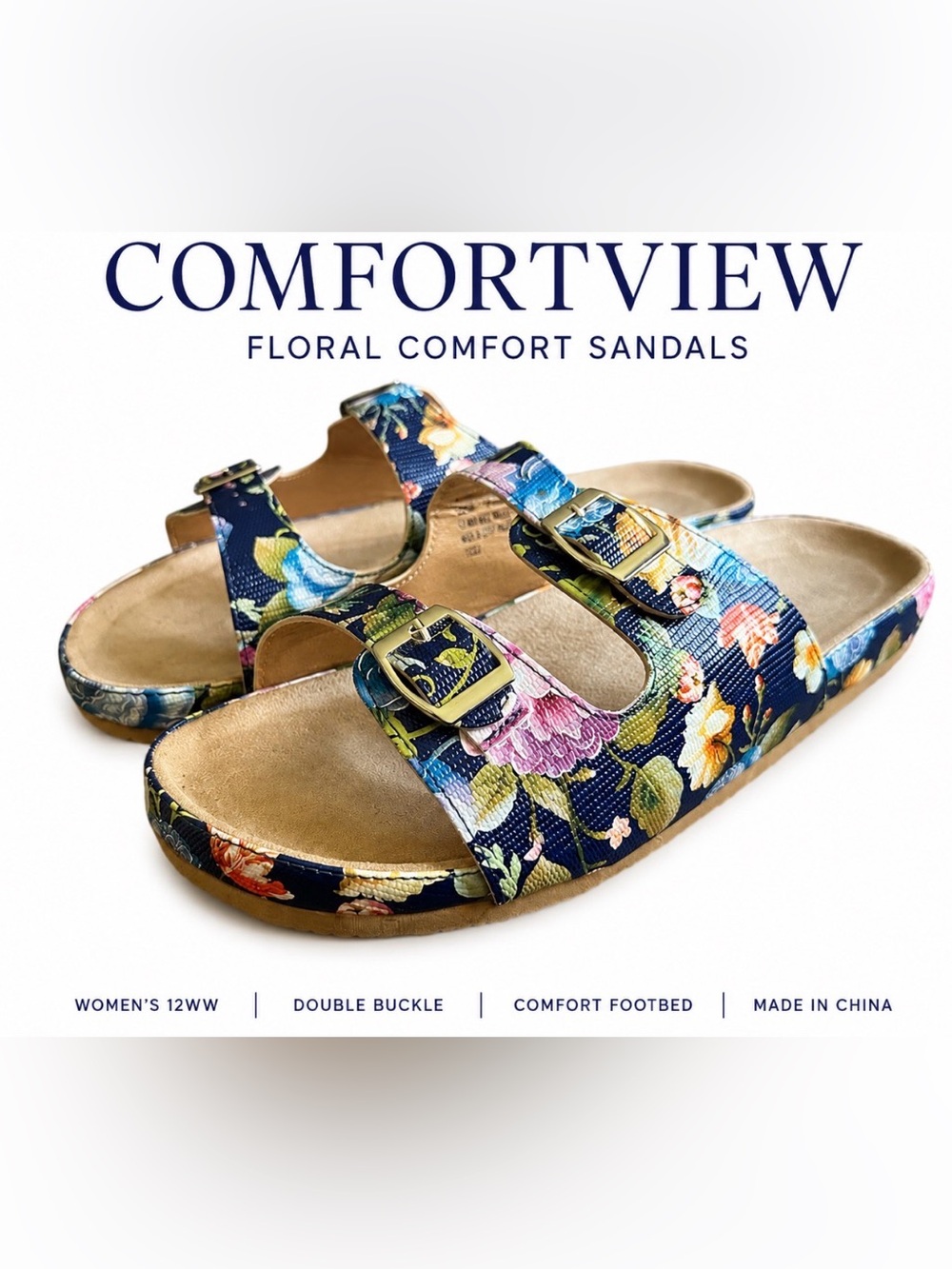 ComfortView Navy Floral Cork Footbed Sandals Womens 12WW Double Buckle Slides